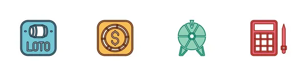 Set billet de loterie, Monnaie avec dollar, roue chanceuse et icône de carte de bingo. Vecteur — Image vectorielle