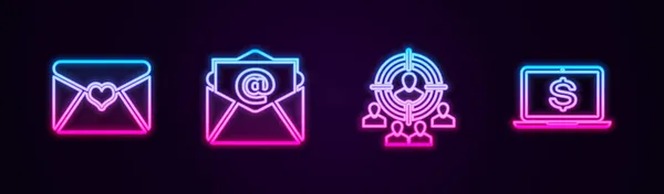 Set line Envelop met Valentine hart, Mail en e-mail, Marketing target strategie en Laptop dollar. Een gloeiend neon icoon. Vector — Stockvector