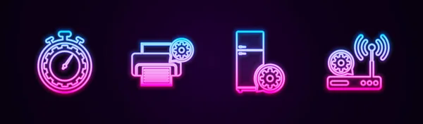 Set line Tijdmanagement instelling, Printer, Koelkast en Router en wi-fi. Een gloeiend neon icoon. Vector — Stockvector