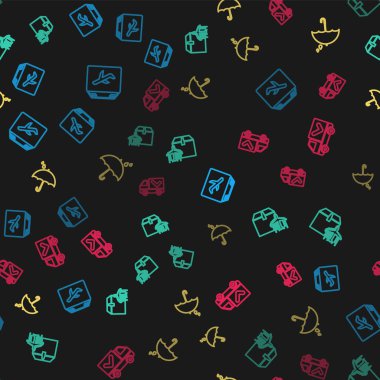 Çizgi çizgisi, karton kutu, Şemsiye yağmur damlaları ve kusursuz desenli teslimat kamyonu. Vektör