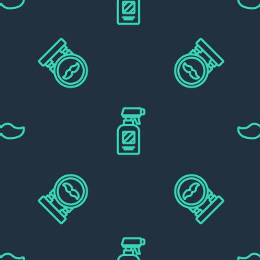 Hattı ayarla. Kuaför tabancası sprey şişesi, berber dükkanı ve bıyık kusursuz desenli. Vektör