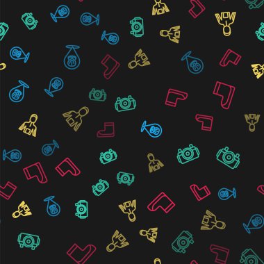 Deniz taraklı deniz kabuğu, dalgıç için fotoğraf makinesi, dalış kıyafeti dalışı ve botlar kusursuz desenli. Vektör