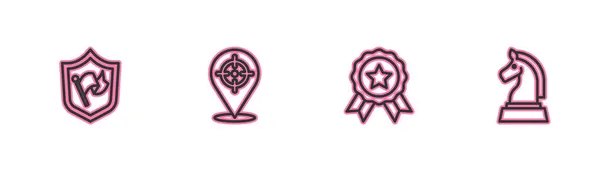 Ustaw linię Tarcza z flagą, Medal, Tarcza i ikona szachowa. Wektor — Wektor stockowy
