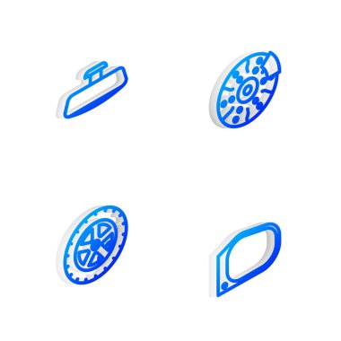 Isometric hattı araba fren diskini kalibre, ayna, tekerlek ve simgeyle ayarla. Vektör