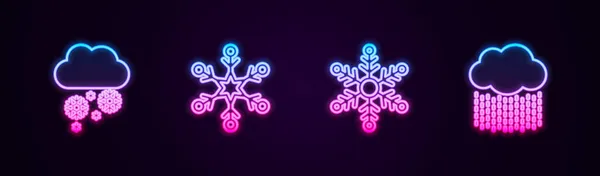 Állítsa vonal Felhő hó, Hópihe, és az eső. Ragyogó neon ikon. Vektor — Stock Vector