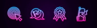Hedefi ok, bayrak, madalya ve el bayraklarıyla belirleyin. Parlayan neon ikonu. Vektör