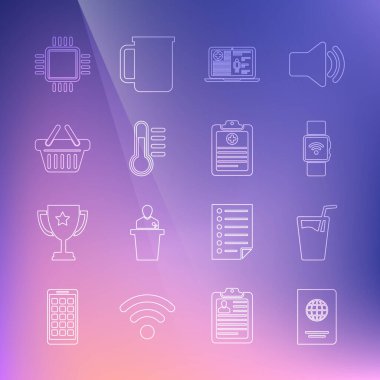 Hat Pasaportu, Smartwatch kablosuz, tıbbi kayıtlar, termometre, alışveriş sepeti, işlemci işlemcisi ve klinik ikonu ayarla. Vektör