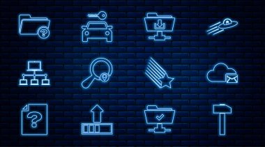 Satır Hammer, Bulut e- posta sunucusu, FTP klasörü indirme, Arama konumu, Bilgisayar ağı, Bilinmeyen dizin, Düşen yıldız ve Araba kiralama simgesi. Vektör