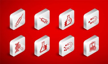 Kan testi, şırınga, DNA araştırması, arama, müşteri çekimi, mıknatıs parası ve ikon içeren bir çizgi oluşturun. Vektör