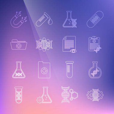 Hat düzenleme, DNA araştırması, arama, analiz ile pano, genetik mühendislik, sağlık kayıtları klasörü, mıknatıs yıldırımı ve kağıt sayfa göz simgesi. Vektör