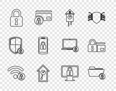 Wifi satırı kilitlendi, Dizin ve, Retro duvar saati, Lock, Smartphone with, monitör ve kredi kartı simgesi ayarlandı. Vektör