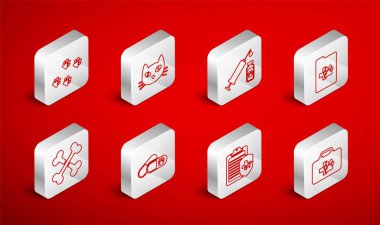 Pet ilk yardım kiti, Cat, şırınga, hayvan aşısı, klinik kayıt, pençe izi, köpek ve haplar ve çapraz kemik ikonu. Vektör