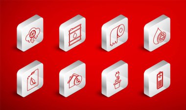 Batarya şarj seviyesi göstergesi, tuvalet kağıdı rulosu, geri dönüşümlü temiz su, elektrik prizi kapsülü, asit yağmuru ve radyoaktif bulut, çevre dostu ev ve biyoyakıt kutusu ikonu. Vektör