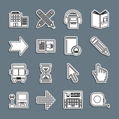 Çizgi Rulet inşaatı, Pixel el imleci, Kalem, Ses Kitabı, Ok, Otel binası ve simgesi. Vektör