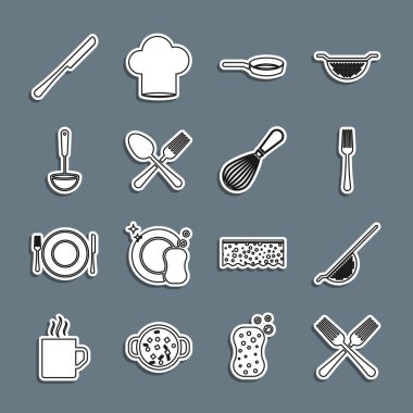 Hatlar kesişmiş çatal, mutfak süzgeci, çatal, tava, kaşık, kepçe, bıçak ve çırpma ikonu. Vektör