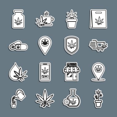 Marihuana bitkisini esrar, konum ve marihuana, alışveriş arabası, tıbbi haplar, şişe ve kalkanların ikonu olarak ayarla. Vektör