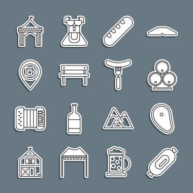 Salami sosisi, biftek eti, tahta fıçılar, Fransız baget ekmeği, Bench, alkol veya bira yeri, kamp çadırı ve çatal ikonu Sosis. Vektör