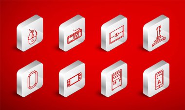 Satır Mobil 'i ayarla ve oyunda oyna, Bilgisayar klavyesi, Chest for, Joystick oyun makinesi, fare oyunu, taşınabilir video konsolu ve Poker simgesi. Vektör