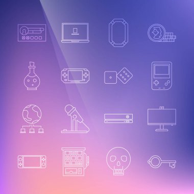 Oyun için satırın Eskiler anahtarını, Bilgisayar monitörü, taşınabilir video konsolu, Poker, sihirli iksirli şişe, hesap ekranı ve oyun zar simgesi oluştur. Vektör