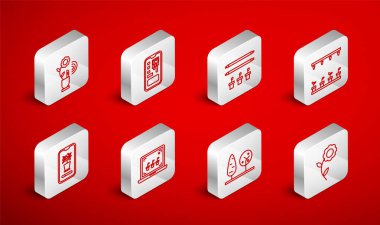 Çiçek hattı, akıllı kontrol tarım sistemi, ampul ve bitki, otomatik sulama fıskiyeleri, ağaçlar, teknoloji ve ikon. Vektör