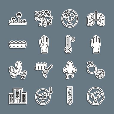 Yüzünde iltihap, portakal meyvesi, sedef ya da egzama olan el, baş ağrısı çeken adam, yumurta kutusu, küf ve medikal termometre ikonu. Vektör