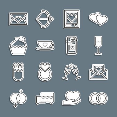 Sabit çizgili alyanslar, Sevgililer Günü kalpli zarf, şarap bardağı, fotoğraf çerçeveleri ve kalpler, kahve fincanı, pasta ve mobil ikon. Vektör