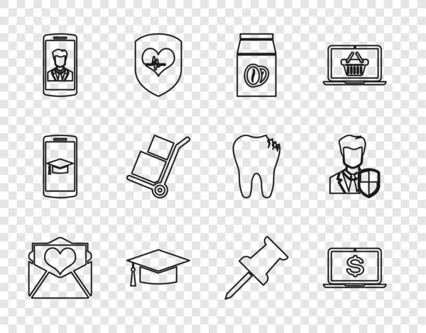 라인 Envelope with Valentine heart, Laptop dollar, Coffee beans bag, Graduation cap, Smartphone contact, Hand truck and box, push pin and User protection icon. Vector — 스톡 벡터