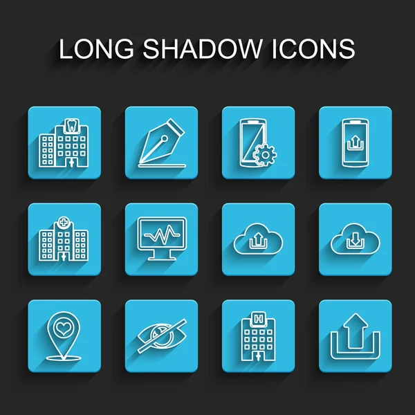 Nastavit čáru Ukazatel mapy se srdcem, Neviditelné nebo skrýt, Zubní klinika, Lékařská nemocnice budova, Nahrát, Monitor kardiogram, Cloud download a nahrát ikonu. Vektor — Stockový vektor
