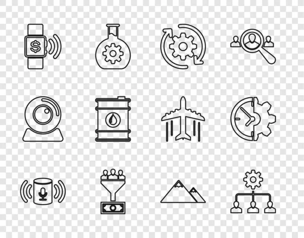 Set line Voice assistant, Lead management, Gear and arrows workflow, Contactless payment, Barrel oil, Mountains and Clock gear icon. Vector — Stock Vector