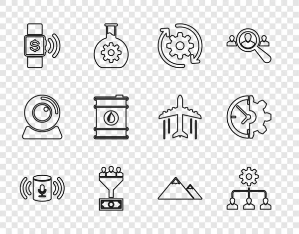 Set line Asistente de voz, Gestión de plomo, Flujo de trabajo de engranajes y flechas, Pago sin contacto, Aceite de barril, Montañas e icono del engranaje del reloj. Vector — Archivo Imágenes Vectoriales