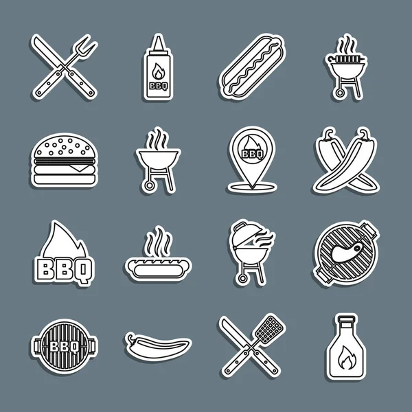 Set line Ketchup bottle, Barbecue grill with steak, Crossed hot chili pepper pod, Hotdog sandwich, Burger, fork knife and Location barbecue icon. Vector — Stock Vector