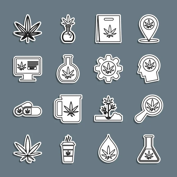 Test tüpünü marihuana, büyüteç ve kafa profili, alışveriş torbası, online alışveriş, marihuana veya kenevir yaprağı ve ikon ile ayarla. Vektör — Stok Vektör