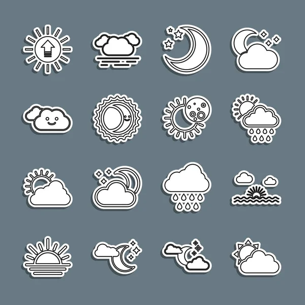 Establezca la línea Sol y el clima de nubes, Puesta del sol, Nube con sol de lluvia, estrellas de la luna, eclipse de, y el icono. Vector — Vector de stock