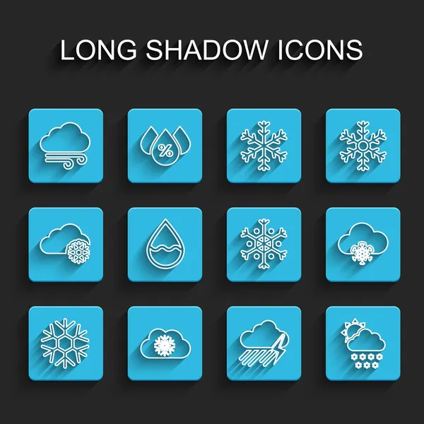 Set line Snowflake, Cloud with snow, Windy weather, rain and lightning, sun, Water drop, and icon. Vector — Stock Vector