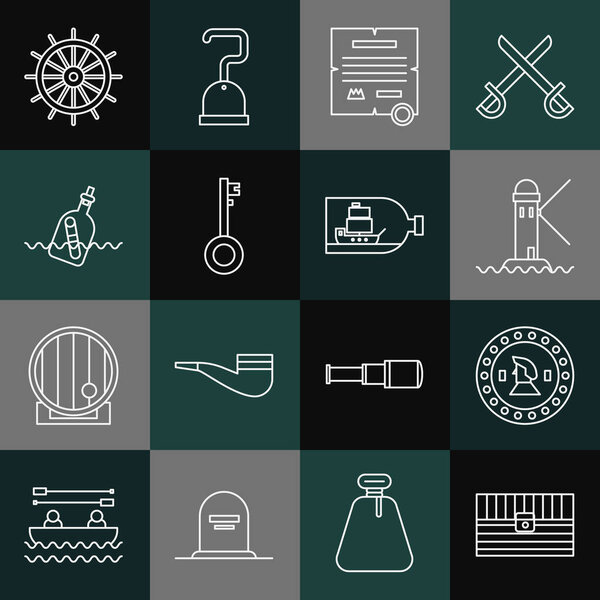 Установить линию антикварный сундук сокровища, пиратская монета, маяк, декрет, пергамент, свиток, ключ, бутылка с сообщением воды, корабль руль и корабль внутри значок. Вектор