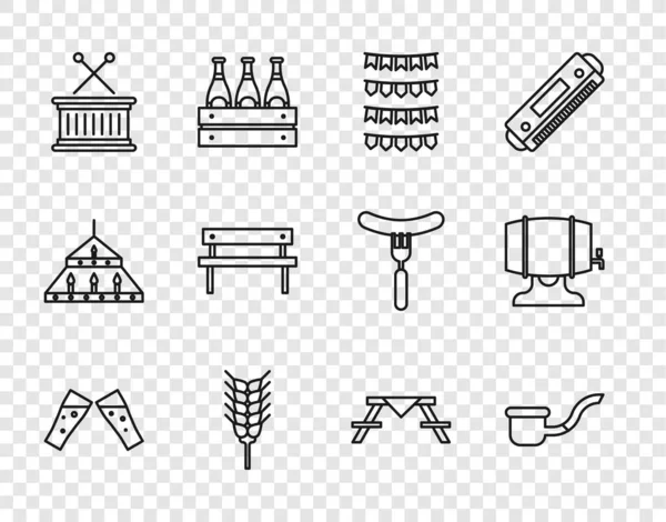 Set line Glass of beer, Smoking pipe, Carnival garland with flags, Wheat, Musical drum sticks, Bench, Picnic table benches and Wooden barrel on rack icon. Vector — Stock Vector
