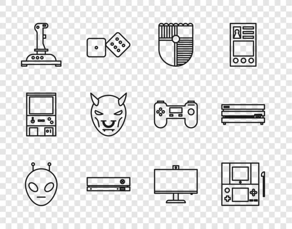 Set line Alien, Videoconsola portátil, Escudo para, Vídeo, Máquina de arcade Joystick, Máscara del diablo con cuernos, Monitor de ordenador e icono. Vector — Vector de stock