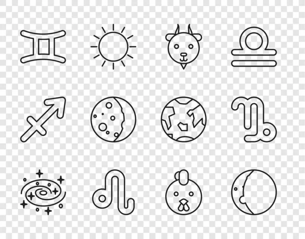 Поставте лінію спіральної галактики Чумацький шлях, Eclipse of the sun, Aries zodiac, Leo, Gemini, Rooster і Capricorn ікони. Вектор — стоковий вектор