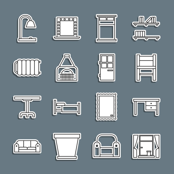 Set line Window with curtains, Office desk, Chair, Big bed, Interior fireplace, Heating radiator, Table lamp and Closed door icon. Vector