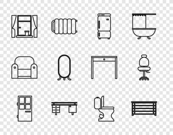 Set line Gesloten deur, Ladekast, Koelkast, Bureau, Raam met gordijnen, Grote spiegel, WC-bak en stoelpictogram. Vector — Stockvector