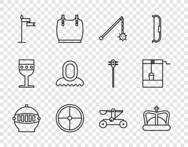 Orta Çağ demir miğferi, Kral tacı, zincirli topuz, yuvarlak ahşap kalkan, bayrak, kaput, mancınık fırlatan taşlar ve kova ikonu. Vektör — Stok Vektör