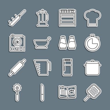 Hattı kurun, kızartma tavası, pişirme kabı, mutfak zamanlayıcısı, fırın, havan topu, elektrikli soba ve tuz biberi ikonu. Vektör