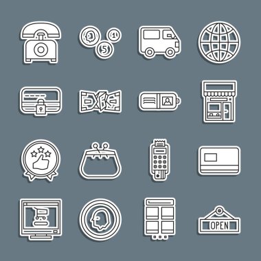 Açık, Kredi kartı, Alış veriş binası ya da market, kargo kamyonu aracı, buruşuk kağıt para, kilit, telefon ve cüzdan ikonu. Vektör