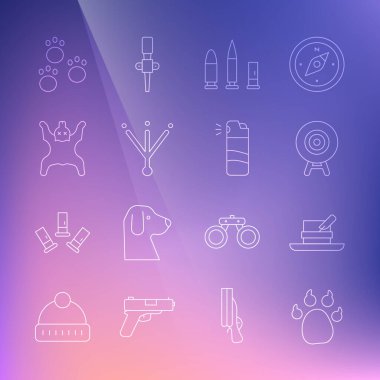 Çizgi Paw baskısı, tüylü avcı şapkası, hedef sporu, mermi ve fişek, Kuş ayak izi, ayı derisi ve biber gazı ikonu. Vektör