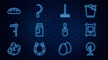 Hat ağacı, gübre torbası, bahçe tırmığı, süt için kağıt paketi, tırpan, ekmek ekmeği, kürek ve orak ikonu. Vektör