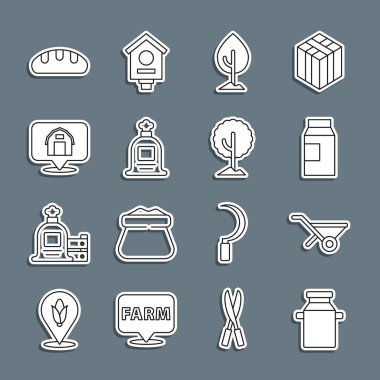 Süt için konteynır, el arabası, kağıt paketi, ağaç, çuval, çiftlik evi, ekmek somunu ve ikon. Vektör
