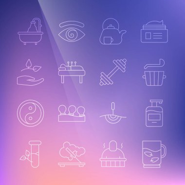 Bir bardak çay ve yaprak, bir şişe sıvı sabun, sauna kovası kepçesi, fincanlı demlik, akupunktur terapisi, elinde Yaprak, Küvet ve Dumbbell ikonu. Vektör