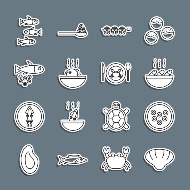 Deniz tarağı kabuğu, havyar tabakta, balık çorbası, ızgara balık bifteği, puf, havyar, balık ve yengeç ikonu. Vektör