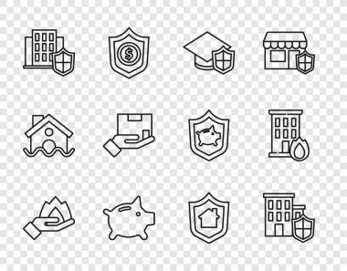 Hat El ateş tutuyor, kalkanlı ev, mezuniyet şapkası, domuz kumbarası, teslimat sigortası ve yanan ev ikonu. Vektör