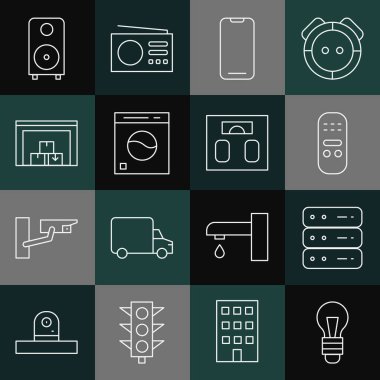 Hat ampulü, Sunucu, Data, Web Sunuculuğu, Uzaktan Kumanda, Akıllı Telefon, Yıkama, Depo, Stereo hoparlörü ve Banyo Ölçekleme simgesini ayarla. Vektör